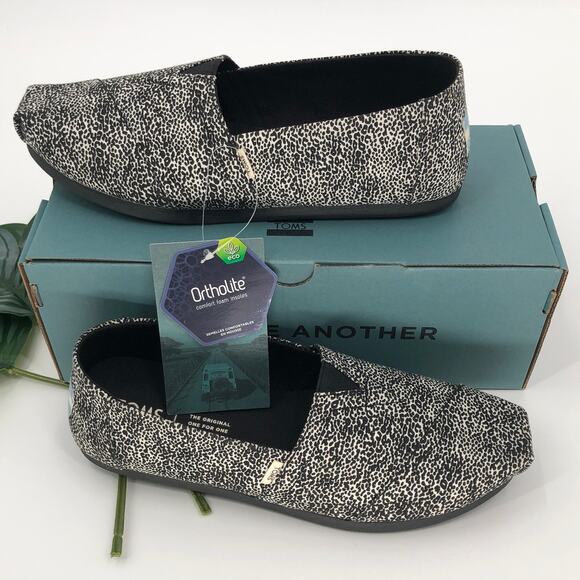 Toms Off White Black Mini Leopard Animal Print Slip On Canvas Alpargata Shoes - Picture 1 of 7